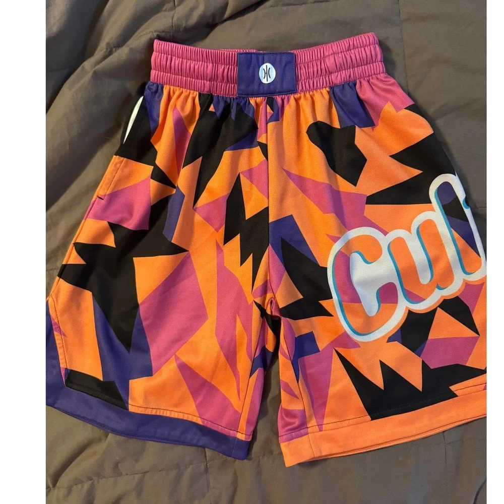 Hoop Culture Kids Basketball Shorts Orange Purple Geometric Print Youth Medium